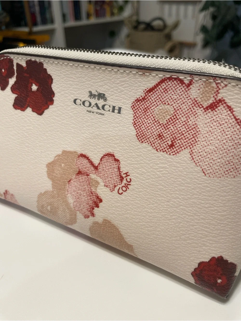 COACH Cream Floral Cosmetic Pouch with Pink & Burgundy Blooms
